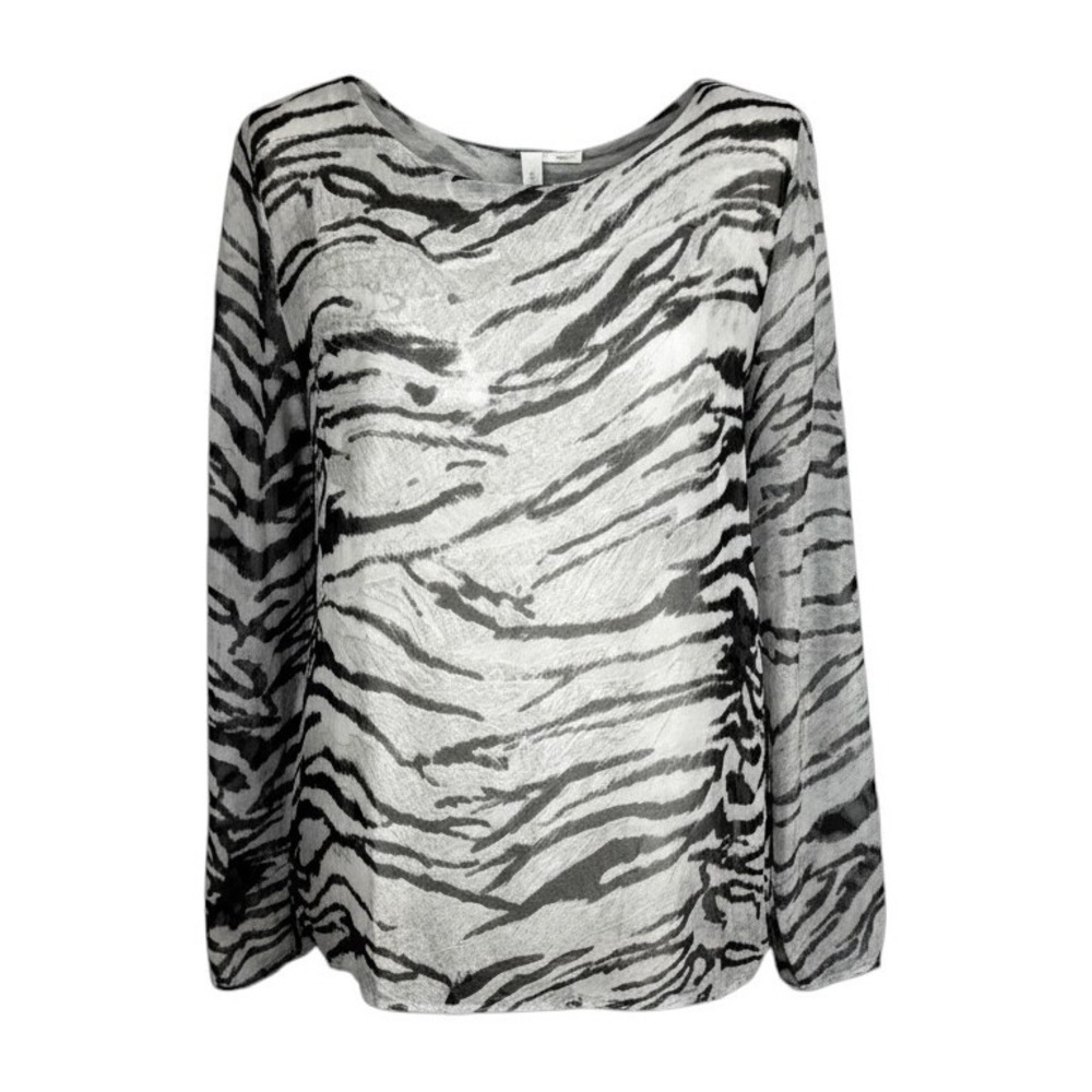 M Made in Italy Gray Zebra‎ Print Silk Blend Long Sleeve Blouse XL Lined Career